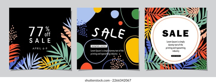 Set for square web banner for social media post design template. summer sale promotion. discount backgrounds with tropical pattern. mobile apps advertising. 