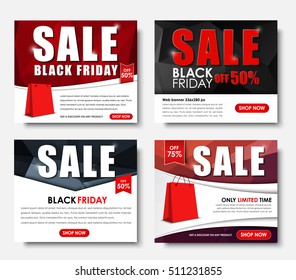 Set square web banners for Black Friday. Template for sale with abstract polygonal elements, ribbons, buttons, bags and discounts. Vector illustration.