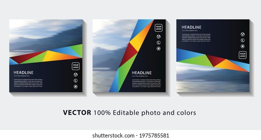 Set of square web banners. Editable blue orange red green social media post banners collection template for digital marketing and advertising