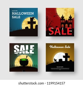 Set of square web banners for Halloween Sale. Templates with a graveyard, a castle and a potion, dismembered and text from bones.