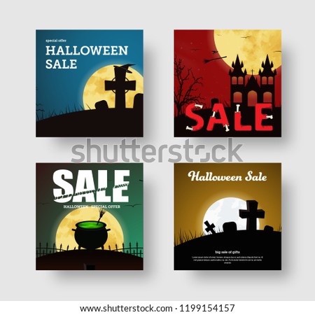 Set of square web banners for Halloween Sale. Templates with a graveyard, a castle and a potion, dismembered and text from bones.