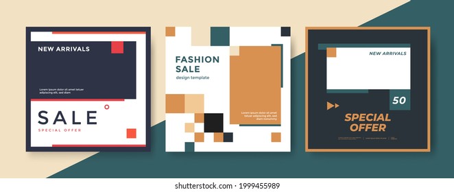 Fijar banners web cuadrados para redes sociales con elementos de color gráfico y espacio para la foto. Plantillas para medios móviles.