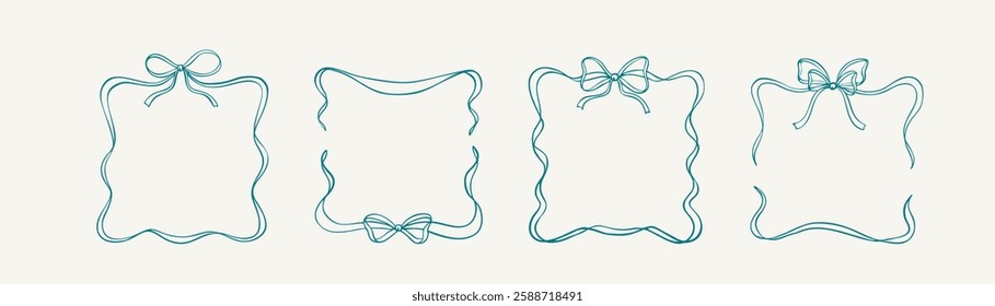 Set of square whimsical bow ribbon frames. Coquette wavy scroll tape border. Vintage flourish hand drawn sketch vector illustration. Wedding, birthday, baby shower party invitation design element