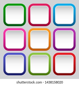 Set of square white buttons with colorful borders. Vector illustration