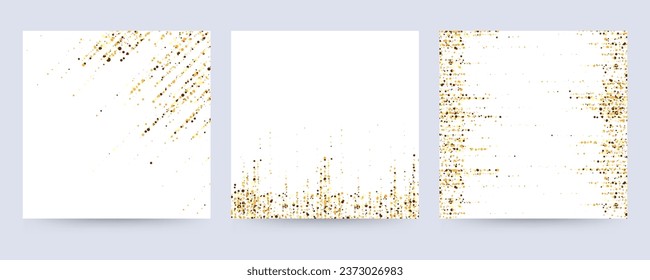 Set of square white invitations with gold glitter particles.