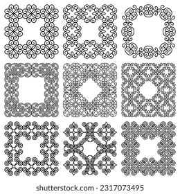 Set of square wide black frames and vignettes isolated on white background. Simple geometric patterns with swirls. For text design, printing on paper, textiles, logo, menu, banner. Vector illustration