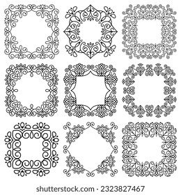 Set of square wide black frames and vignettes isolated on white background. Floral geometric patterns with swirls. For text design, printing on paper, textiles, invitation cards. Vector illustration