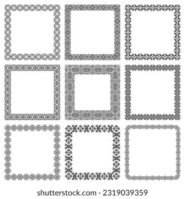 Set of square wide and narrow black frames isolated on white background. Simple geometric patterns with swirls. For text decoration, printing on paper, textiles, invitation cards. Vector illustration