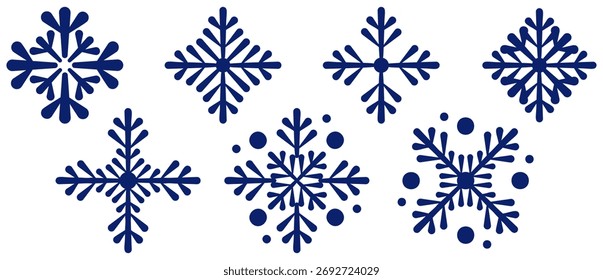 Set of square winter snowflakes. Isolated blue geometric elements. Vector icon set, four- and eight-pointed. Variations snow symbol silhouette flat style. Christmas holiday design icy precipitation.