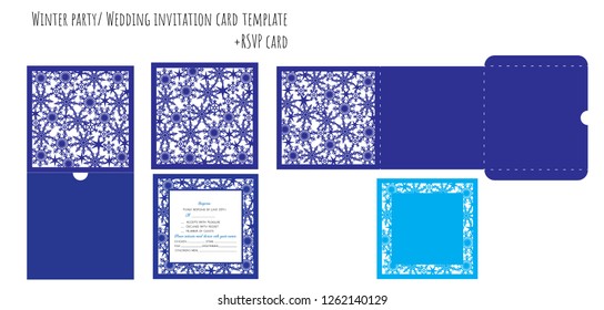 Set square winter wedding or Christmas/New Year party  invitation envelope + RSVP card template with snowflakes lace for paper plotter machine/laser cut