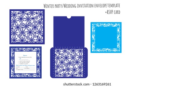 Set square winter wedding or Christmas/New Year party  invitation envelope card + RSVP card template with snowflakes lace for paper plotter machine/laser cut

