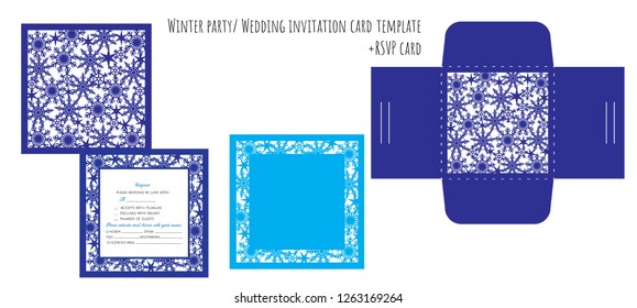 Set square winter wedding or Christmas/New Year party  invitation envelope card + RSVP card template with snowflakes lace for paper plotter machine/laser cut

