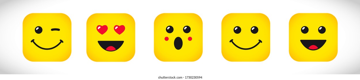 Set of square yellow emoji with wink, love, surprised, smile and happy emoticon. Creative vector illustration expression signs for internet messenger or chat