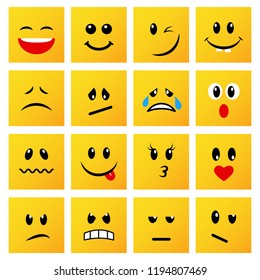 Set of square yellow emoticons and emojis. Vector illustration in flat style on white background 