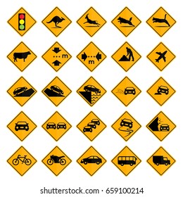 Set of square yellow road signs