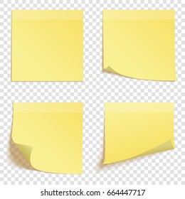 Set of square yellow sticky notes isolated on transparent background, vector illustration