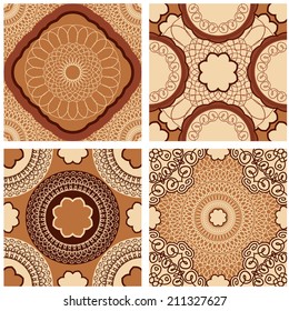 Set of squared backgrounds - ornamental seamless patterns in brown, chocolate colors. Design for bandanna, carpet, shawl, pillow or cushion. 
