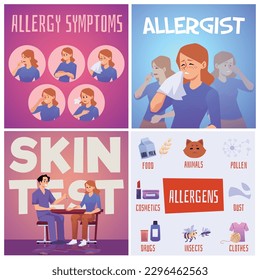 Set of squared banners about allergy flat style, vector illustration isolated on white background. People making skin test, allergy symptoms and allergens, decorative designs