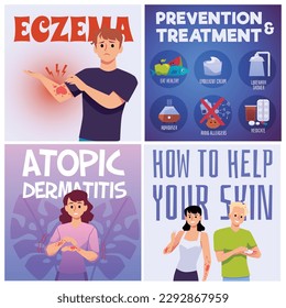 Set of squared banners about atopic dermatitis flat style, vector illustration isolated on white background. Boy and girl characters, medical treatment, prevention