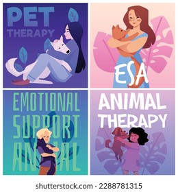 Set of squared banners about emotional support animal flat style, vector illustration isolated on white background. Decorative designs collection, people hugging pets, positive emotions