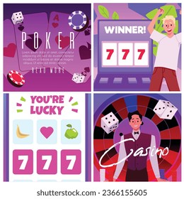 Set of squared banners about gambling flat style, vector illustration isolated on white background. Decorative designs with texts collection, win and success, casino and poker, people