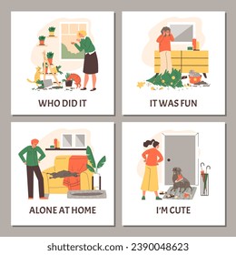 Set of squared banners about pet mess flat style, vector illustration isolated on gray background. Decorative designs with texts collection, emotional people, happy cats and dogs