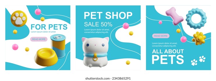 Conjunto de banners al cuadrado sobre el estilo de mascotas 3D, ilustración vectorial aislada en fondo blanco. Diseños decorativos con lugar para la recolección de textos, gatos realistas y objetos para mascotas. Tienda de mascotas y venta