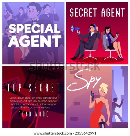 Set of squared banners about secret agents flat style, vector illustration isolated on white background. Decorative designs collection, special agents people, spy, beautiful characters