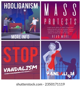 Set of squared banners about vandalism flat style, vector illustration isolated on white background. Decorative designs, hooliganism and mass protests, place for text