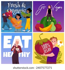 Conjunto de banners al cuadrado sobre el estilo plano de la gente vegana, ilustración vectorial aislada en el fondo blanco. Colección de diseños decorativos, comida fresca y orgánica, salud
