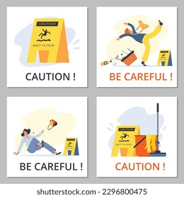 Conjunto de banners al cuadrado sobre el estilo plano del suelo húmedo, ilustración vectorial aislada en el fondo gris. Personas que caen, signo de precaución amarillo, herramientas para limpiar el suelo