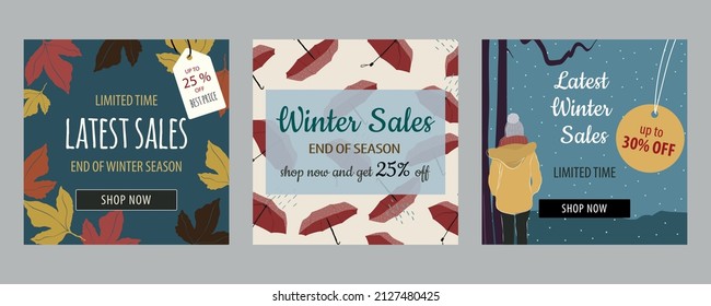Set of squared banners for end of winter season sales. Multicolored with rainy umbrella pattern, forest landscapes, winter leafs patterns. With price tags, shop now button and offers text. Vector.