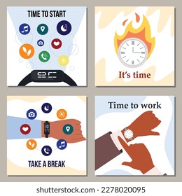 Set of squared banners with hand watches flat style, vector illustration isolated on gray background. Smart and classic watches, applications, text headers