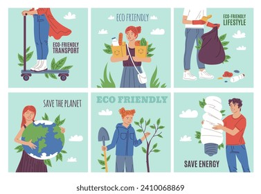 Conjunto de banderas cuadradas con gente y estilo de vida eco-amigable, ilustración vectorial aislada en fondo blanco. Diseño decorativo recolección, transporte, energía y cuidado del planeta