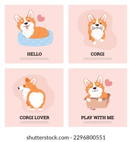 Set of squared banners or postcards with cute corgi dogs flat style, vector illustration isolated on white background. Funny playful pets, place for text, decorative design