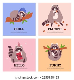 Set of squared banners with raccoons flat style, vector illustration isolated on white background. Cute and funny animal characters, chilling and greeting, place for text