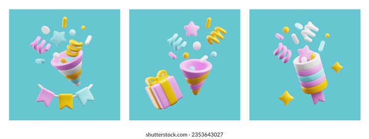 Set of squared banners with realistic party poppers and holiday decor 3D style, vector illustration isolated on white background. Decorative designs collection, holiday and celebration