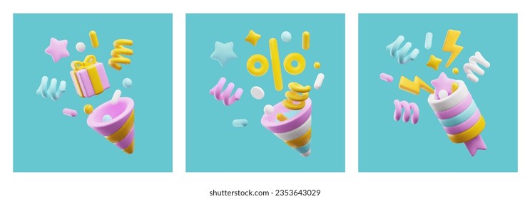 Set of squared banners with realistic party poppers, gifts and sale signs 3D style, vector illustration isolated on white background. Decorative designs collection, percents and lightnings, discounts