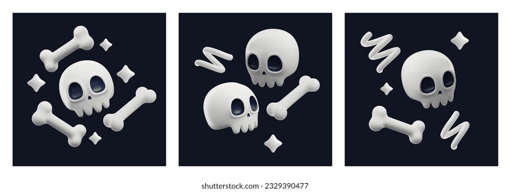 Set of squared banners with skulls and bones 3D style, vector illustration isolated on white background. Halloween decorative designs collection, holiday and celebration