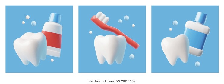 Conjunto de banderas cuadradas con dientes y herramientas para limpiar el estilo 3D, ilustración vectorial aislada en fondo blanco. Colección de elementos de diseño decorativos, tubos y pinceles