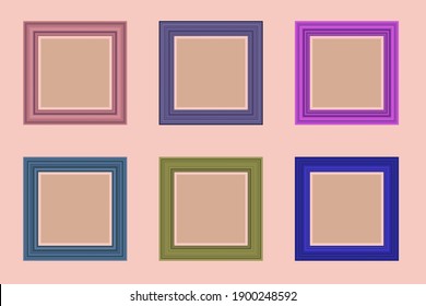 Set of squared color vintage wooden frame for your design. Vintage cover. Place for text. Vintage antique colorful modern rectangular frames. Template vector illustration.