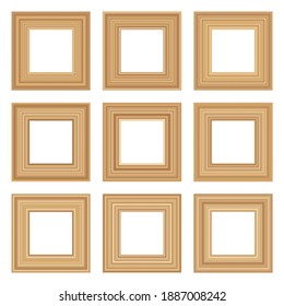 Set of squared golden vintage wooden frame for your design. Vintage cover. Place for text. Vintage antique gold beautiful rectangular frames. Template vector illustration.