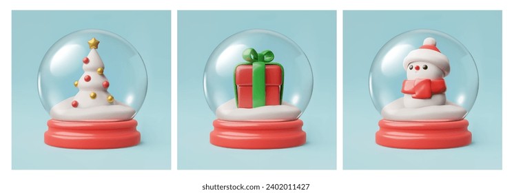 Conjunto de postales cuadradas con estilo de bolas de nieve 3D, ilustración vectorial aislada en fondo blanco. Árbol de Navidad decorado, regalo y muñeco de nieve dentro de bolas transparentes