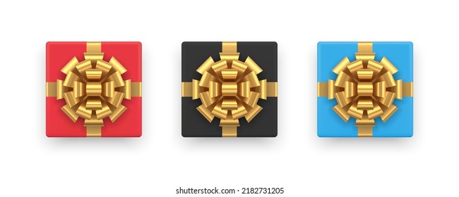 Set squared realistic multicolored glossy gift box decorated by luxury metallic golden bow ribbon top view 3d vector illustration. Collection holiday cardboard present surprise package for Christmas