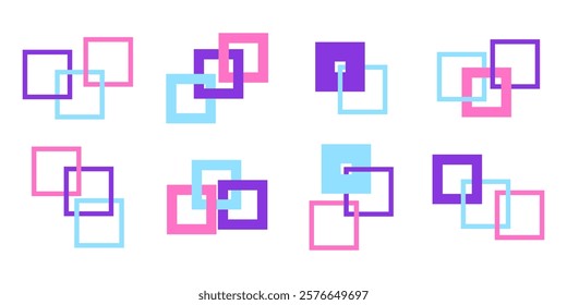Set of squares of different colors intersect with each other, abstract icon and logo. Vector illustration isolated on white background.
