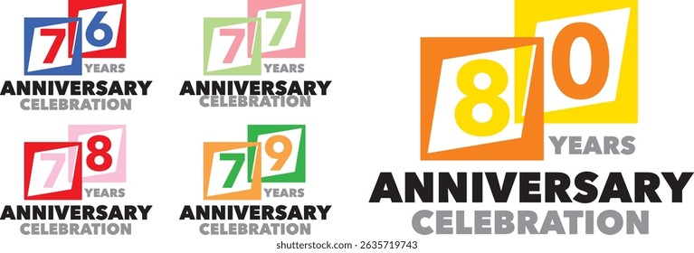 conjunto de cuadrados varios de colores con el número interior 76 77 78 79 80 y las palabras celebración del ANIVERSARIO DE AÑOS en la parte inferior.