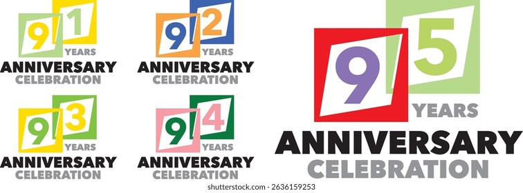 set of squares various colorful with inside number 91 92 93 94 95 and the words YEARS ANNIVERSARY celebration at the bottom.