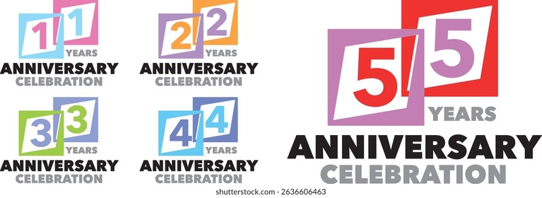 conjunto de quadrados vários coloridos com o número interno 11 22 33 44 55 e as palavras ANIVERSÁRIO DE ANOS celebração na parte inferior.