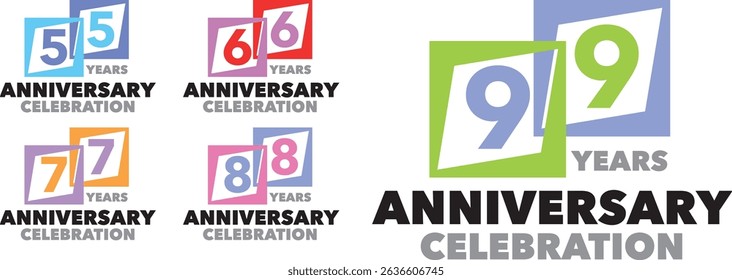 conjunto de cuadrados varios de colores con el número interior 55 66 77 88 99 y las palabras celebración del ANIVERSARIO DE AÑOS en la parte inferior.