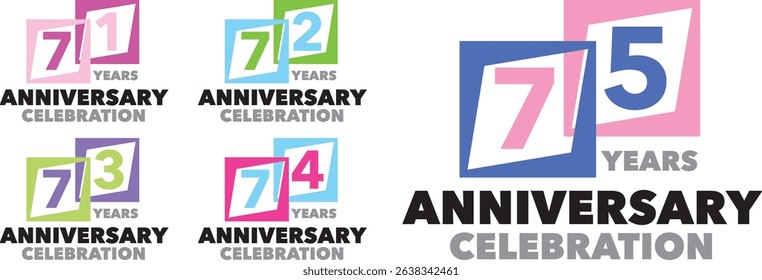 set of squares various colorful with inside number 71 72 73 74 75 and the words YEARS ANNIVERSARY celebration at the bottom.